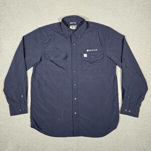Carhartt Shirt Mens Large Blue Nylon Blend‎ Casual Button Down Workwear Pocket